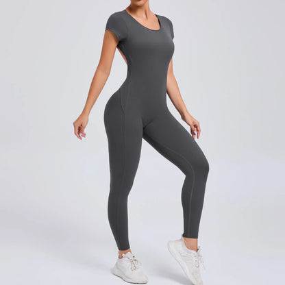 Tight Quick-Drying Yoga Bodysuit One Yoga Clothes Short Sleeve Backless Hip Lifting Sport Workout Clothes Sets Women Apparel