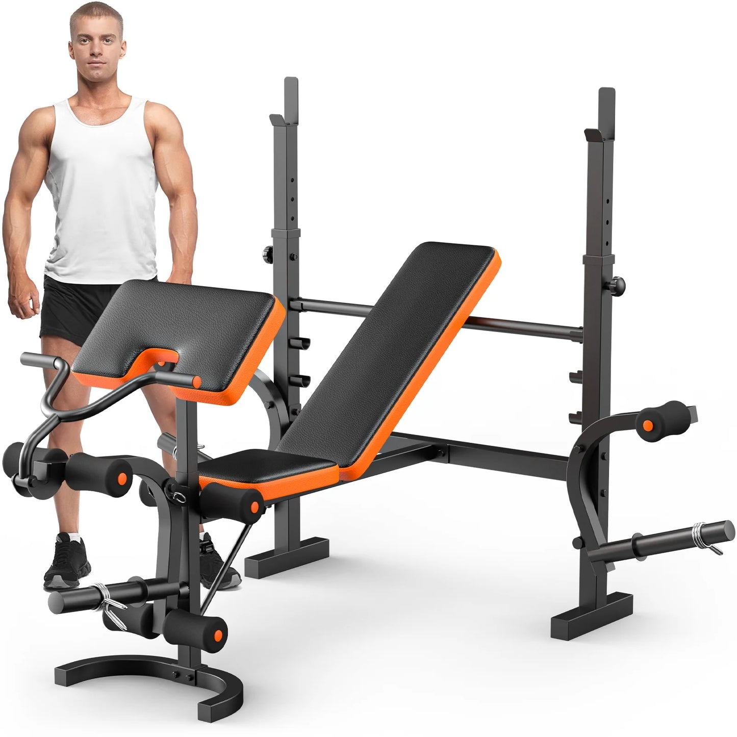 6-In-1 Multi-Purpose Adjustable Weight Bench Workout Bench Set with Barbel Rack and Leg Developer for Home Gym Full Body Training(Excluding Barbell and Weight Plate)