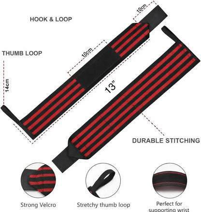 Wrist Wraps for Weightlifting Gym Bodybuilding Workout, 13" Red and Black with 4 Stripes, Adjustable Long Velcro, Wrist Band for Men and Women