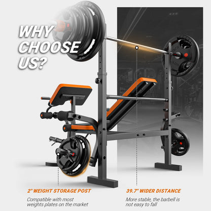 6-In-1 Multi-Purpose Adjustable Weight Bench Workout Bench Set with Barbel Rack and Leg Developer for Home Gym Full Body Training(Excluding Barbell and Weight Plate)