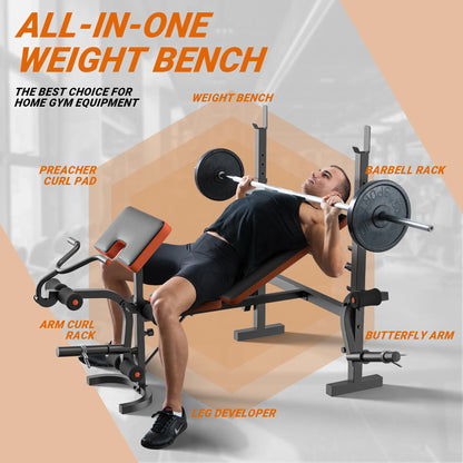6-In-1 Multi-Purpose Adjustable Weight Bench Workout Bench Set with Barbel Rack and Leg Developer for Home Gym Full Body Training(Excluding Barbell and Weight Plate)