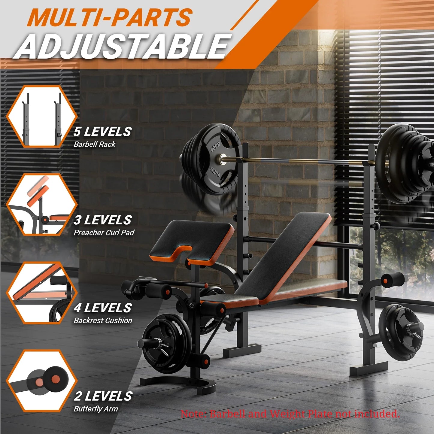 6-In-1 Multi-Purpose Adjustable Weight Bench Workout Bench Set with Barbel Rack and Leg Developer for Home Gym Full Body Training(Excluding Barbell and Weight Plate)