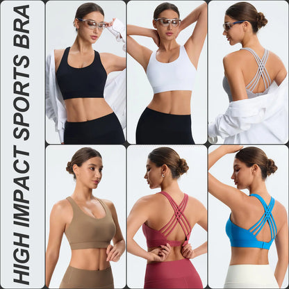 Women'S High Impact Sports Bras with Sewn-In Pads,4 Row Adjustable Hook-Eye Closure,Soft and Comfortable Non-Removable Molded Cups,Crisscross Strappy Workout Tops for Yoga Running Tiktokshopspringglowup